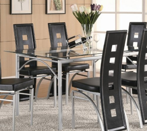 4. Coaster Rectangular Dining Table with Glass Top Metal Legs, Silver Finish